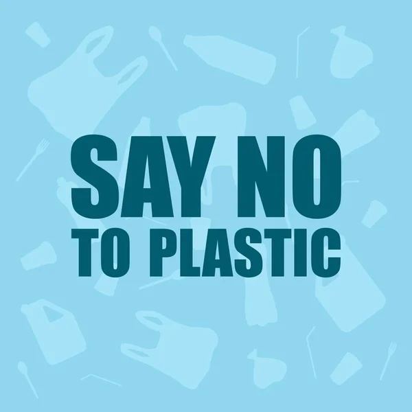 Πες όχι στο πλαστικό. Προβληματική πλαστική ρύπανση. Οικολογική αφίσα. Πανό που αποτελείται από λευκό πλαστικό σακούλα απορριμμάτων, φιάλη σε μπλε φόντο. — Διανυσματικό Αρχείο