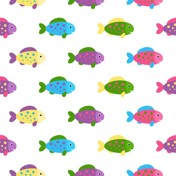 Pequeños peces lindos coloridos sobre fondo blanco. Patrón sin costura de vector abstracto en estilo plano — Vector de stock