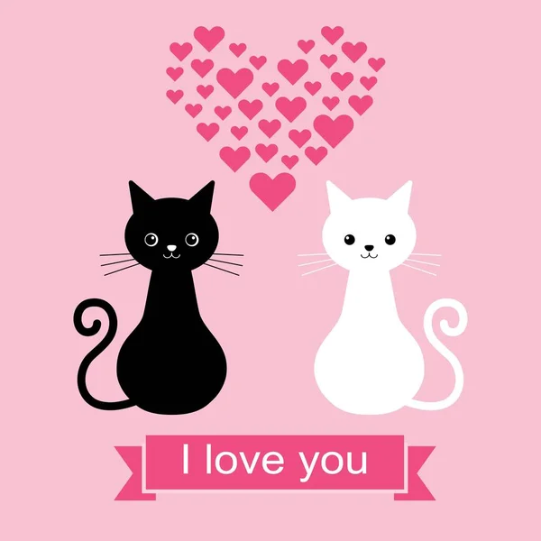 Valentines day card romantic pattern background two black and white cats vector illustration — Stock Vector