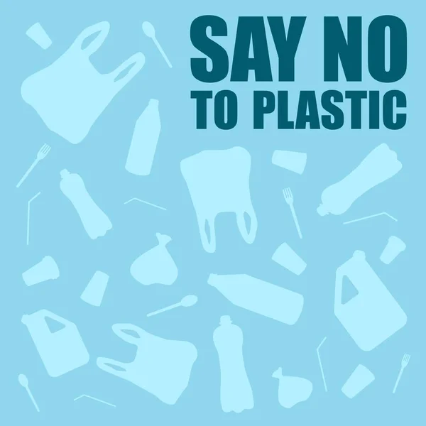 Πες όχι στο πλαστικό. Προβληματική πλαστική ρύπανση. Οικολογική αφίσα. Banner με κείμενο και όχι αποτελούμενο από λευκό πλαστικό σάκο απορριμμάτων, φιάλη σε μπλε φόντο. — Διανυσματικό Αρχείο