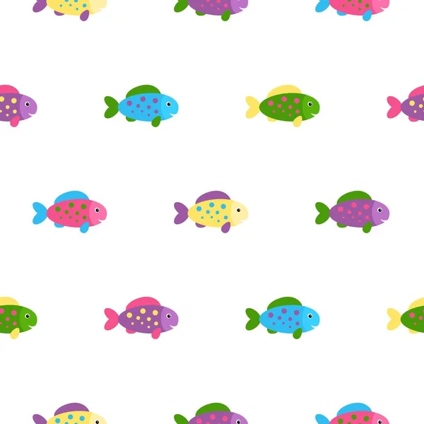 Pequeños peces lindos coloridos sobre fondo blanco. Patrón sin costura de vector abstracto en estilo plano — Vector de stock