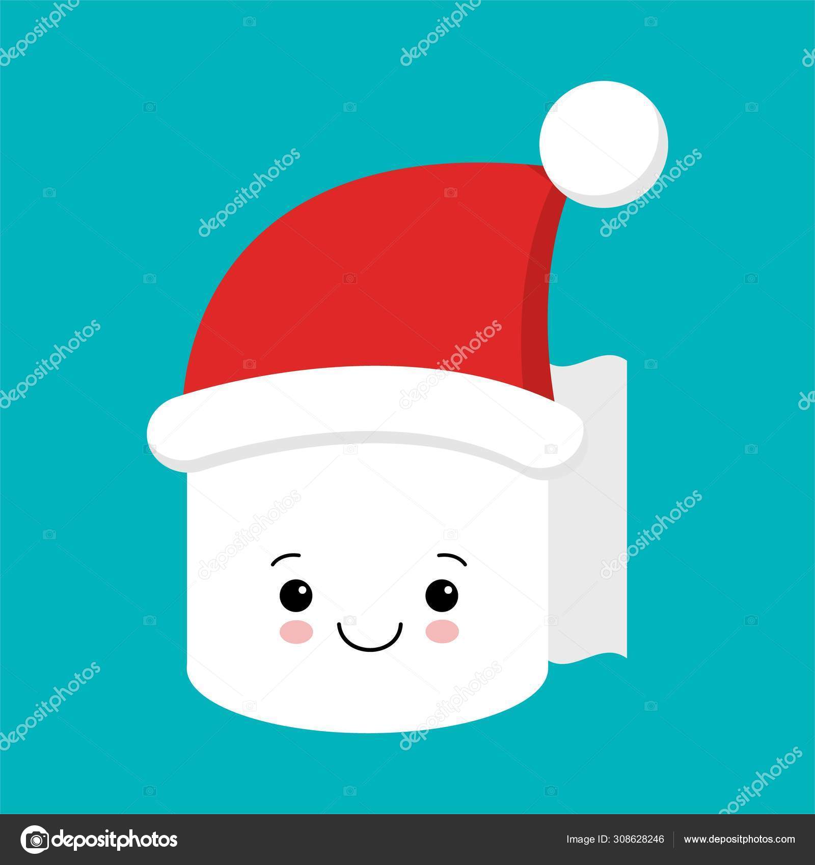 Cute and funny toilet paper in Santa hat isolated on blue