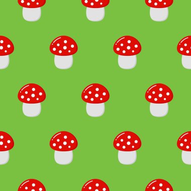 Karikatür Amanita Muscaria agarik mantar Dikişsiz desen sinek. Vahşi orman sevimli mantar vektör illüstrasyon.