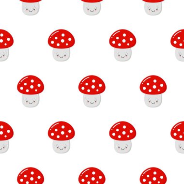 Karikatür Amanita Muscaria agarik mantar Dikişsiz desen sinek. Vahşi orman sevimli mantar vektör illüstrasyon.