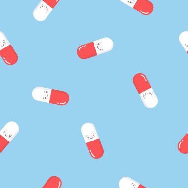Sevimli pembe hap lar ve kapsüller ile dikişsiz desen. Mavi arka planda basit düz vektör çizimi.