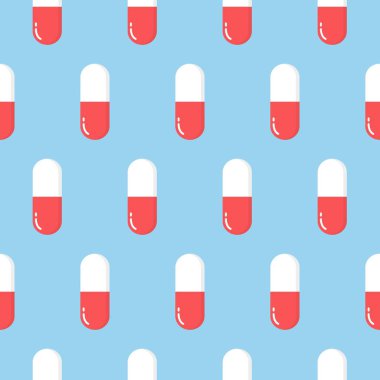 Mavi arka planda izole edilmiş düz kırmızı vektör hapı kapsülleri. Vitamin. Uyuşturucu. Antibiyotik.