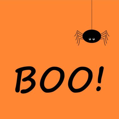 Boo metin ile turuncu arka plan üzerinde Sevimli örümcek ve ağları