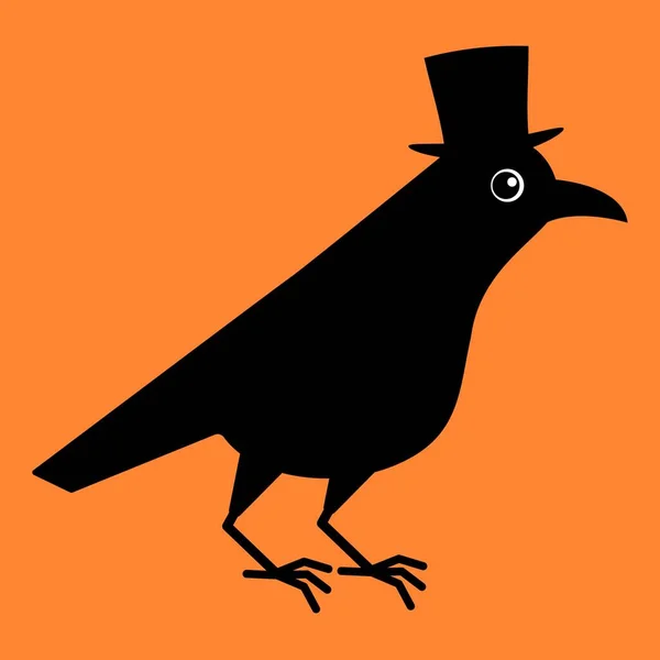 Herr Krähe, Amsel mit Zylinder. niedliche Rabenillustration auf orangefarbenem Schwarzgrund. — Stockvektor