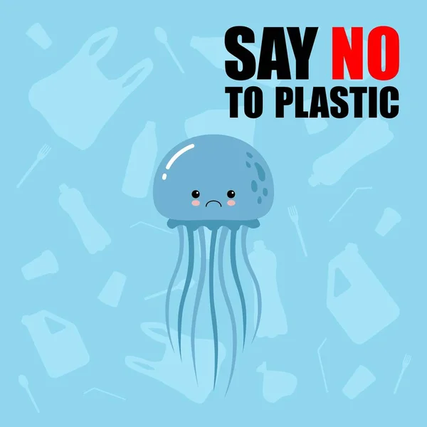 No al plástico. Detener la contaminación plástica oceánica. Linda medusa triste. Reciclaje de plástico. Problema ecológico y catástrofe. Dile que no al plástico. Estilo de dibujos animados — Archivo Imágenes Vectoriales