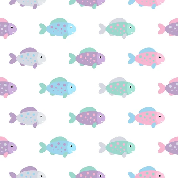 Pequeños peces lindos coloridos sobre fondo blanco. Patrón sin costura de vector abstracto en estilo plano. colores pastel — Vector de stock