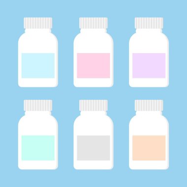 İlaç şişeleri koleksiyonu. İlaçlar, haplar, kapsüller ve spreyler. Vektör illüstrasyonu