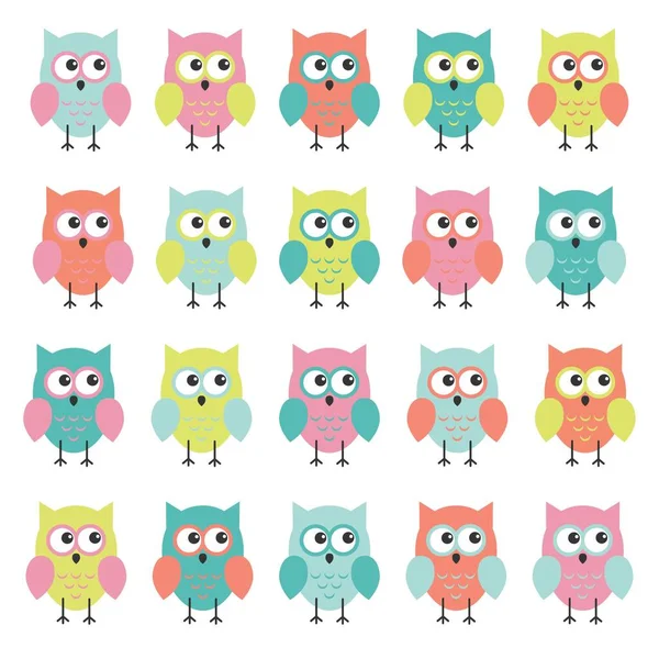 Large set of cute multicolored cartoon owls for children, different designs, trendy coral color included — Stock Vector