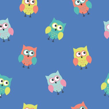 Sevimli düz baykuş desen. Çocuklar için güzel bir arka plan. Mavi arka planda.