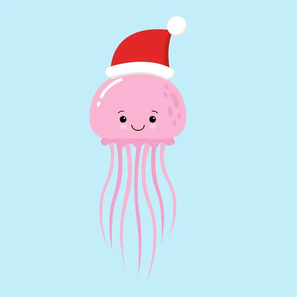 Maneter-tegneseriefigur. En søt, rosa Jellyfish med nisselue på marin blå bakgrunn. Flatdesign Vektorillustrasjon for god jul og god nyttårsinvitasjonskort . – stockvektor