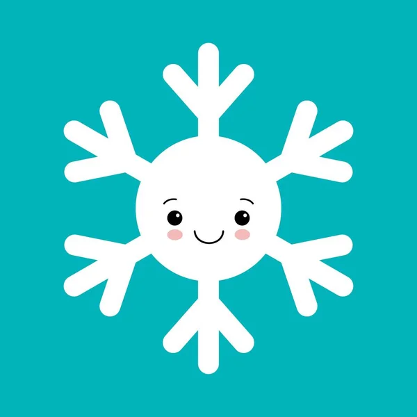 Aranyos fehér hópehely a rajzfilm stílusban, kék háttér. Aranyos hópelyhek mosolygós karakterek. Vicces karácsonyi Doodles. — Stock Vector