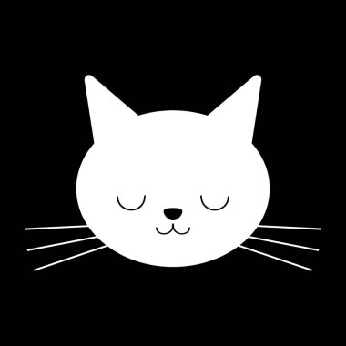 Beyaz karikatür kedi veya kedi yavrusu yüz. Siyah arka plan üzerinde izole edilmiş düz, vektör tasarımı.