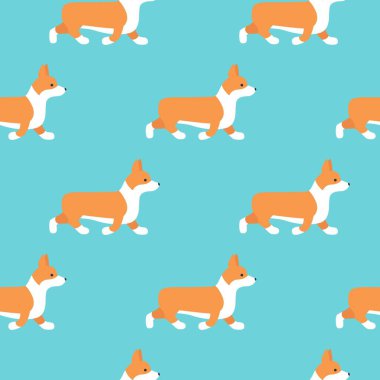 Şirin, pürüzsüz desenli çizgi film köpekleri yeşil arka planda Welsh Corgi Pembroke yetiştiriyor. Vektör illüstrasyonu