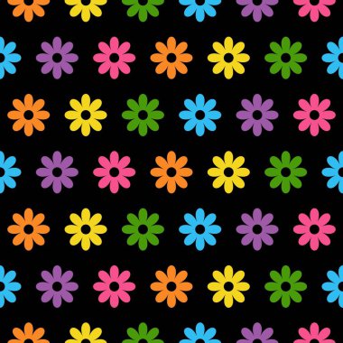 Siyah zemin üzerinde izole edilmiş siluette düz ikon çiçek simgeleri. Çıkartmalar, etiketler, etiketler, hediye ambalajsız kağıt şablonu için parlak renkli şirin retro tasarımı