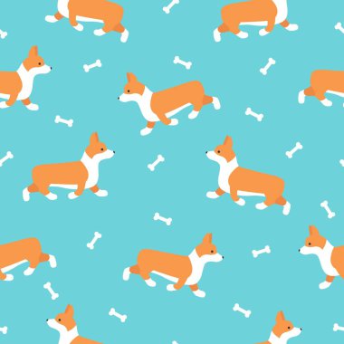 Şirin, pürüzsüz desenli çizgi film köpekleri yeşil arka planda kemikleri olan Galli Corgi Pembroke yetiştiriyor. Düz biçim