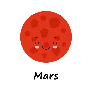 Tatlı gülümseyen Mars yüzünün vektör çizimi. Beyaz arkaplanda uyuyan kırmızı gezegenin renkli vektör çizimi.