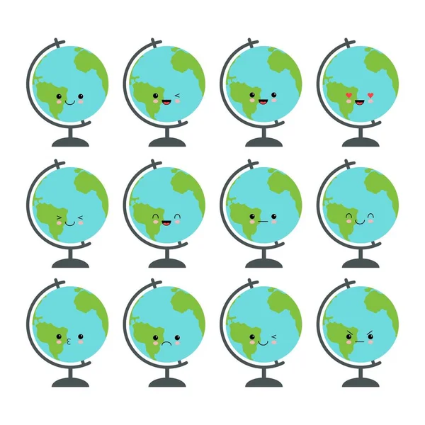 Pianeta Terra globo con stand con emozioni diverse. Carino l'accompagnatore. Illustrazione vettoriale — Vettoriale Stock