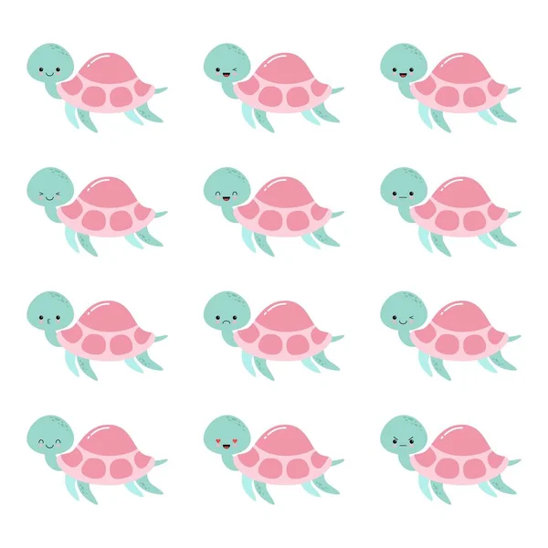 Bébé tortues mignon avec différentes émotions illustration kawaii — Image vectorielle