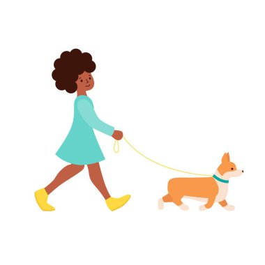 Mutlu Afro-Amerikalı kadın köpek Corgi ile yürüyor. Romantik bir ortam yaratmak için güzel bir illüstrasyon. Evcil hayvan sahipleri, hayvan dükkanları, köpek bakıcıları için makalelerin tasviri. Düz biçimli grafikler