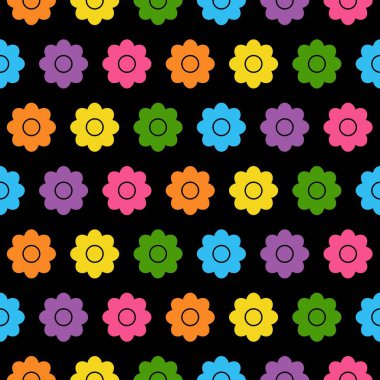 Kusursuz bir arka plan, siyah arka planda düz dizayn tarzında renkli çiçekler. Tatlı papatya.