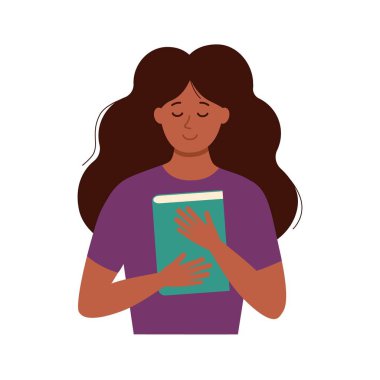 Genç, neşeli, Afro-Amerikan öğrenci bir kitaba sarılıyor. Elinde kitap tutan barışçıl gülümseyen öğrenci. Eğitim kavramı. Vektör çizgi film illüstrasyonu.