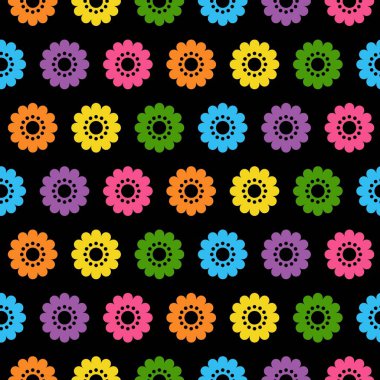 Siyah arkaplanda izole edilmiş siluette düz ikon çiçek simgeleri. Çıkartmalar, etiketler, etiketler, hediye ambalajsız kağıt vektörü desenli çizgi film dekorasyonu için parlak renkli şirin retro tasarımı