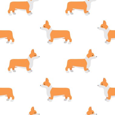Tatlı çizgi film köpekleri olan şirin, pürüzsüz desen beyaz arka planda Welsh Corgi Pembroke yetiştiriyor. Vektör illüstrasyonu