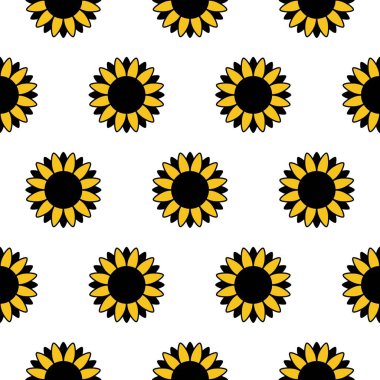 Beyaz arka planda izole edilmiş kusursuz desenli ayçiçekleri. Basit küçük güneş çiçekleri izi. Kumaş tekstil, duvar kağıdı, afiş ve albüm için çiçek arkaplanı. Vektör dokusu 10 birim