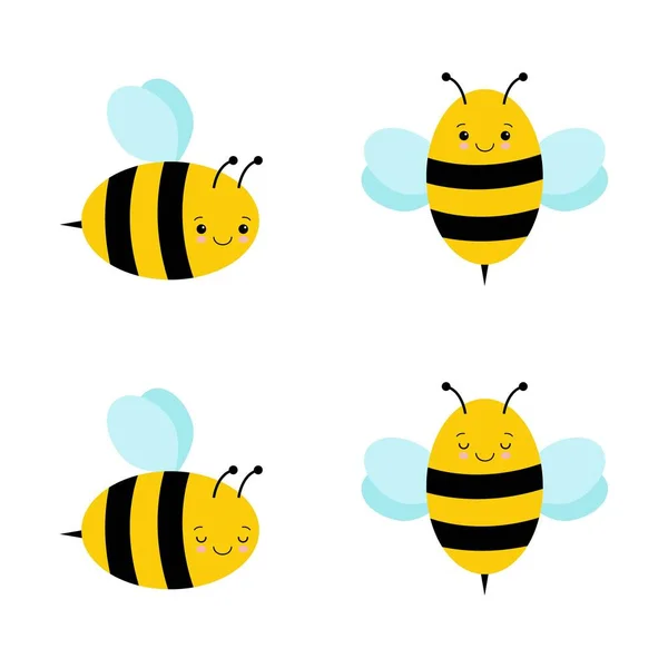 Набор Милых Мультяшных Пчел Смешные Счастливые Пчелы Детей Иллюстрация Кавайи — стоковый вектор