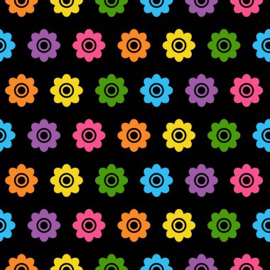 Siyah arka planda düz dizaynlı şirin renkli çiçeklerle kusursuz bir arkaplan.