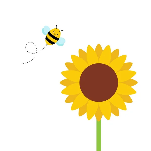Girassol bonito e personagem abelha em estilo kawaii — Vetor de Stock