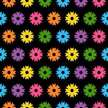 Bahar ve yaz çiçeklerinin kusursuz deseni. Parlak çiçekler. Siyah arka planda renkli çiçekler. Şirin çiçek desenli çizgi film dekorasyonu..