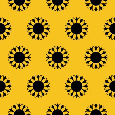 Sarı arka planda izole edilmiş kusursuz desenli ayçiçekleri. Basit küçük güneş çiçekleri izi..