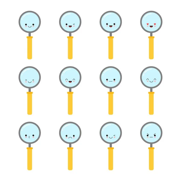Vergrootglas met verschillende emoji. Leuke Loupe Vector illustratie in koele pose met verschillende emoties in platte cartoon stijl op kleur achtergrond. — Stockvector