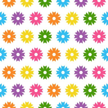 Bahar ve yaz çiçeklerinin kusursuz deseni. Parlak çiçekler. Beyaz arka planda renkli çiçekler. Şirin çiçek desenli çizgi film dekorasyonu..