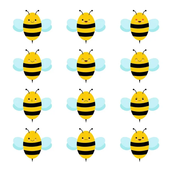 Sada Emocí Včela Roztomilý Kawaii Izolované Bílém Pozadí Ploché Kreslené — Stockový vektor