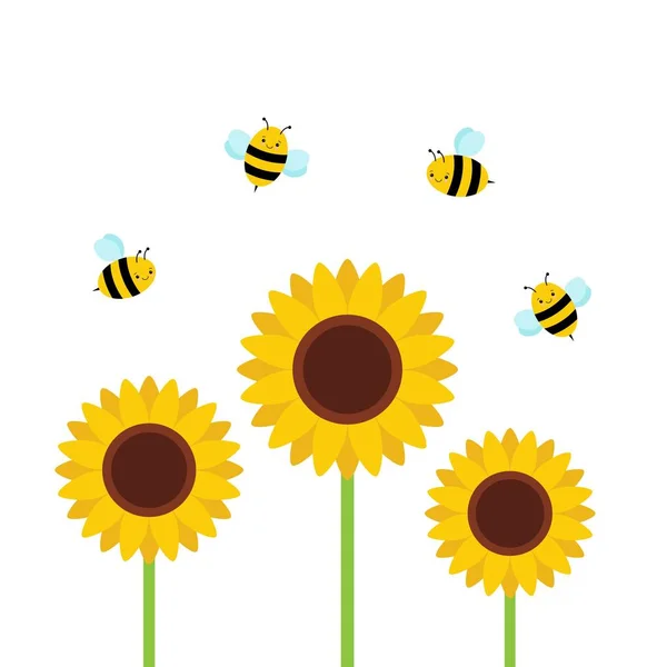 Zonnebloemtuin Met Vliegende Bijen Prachtige Zomer Achtergrond Vector Illustratie Kawaii — Stockvector