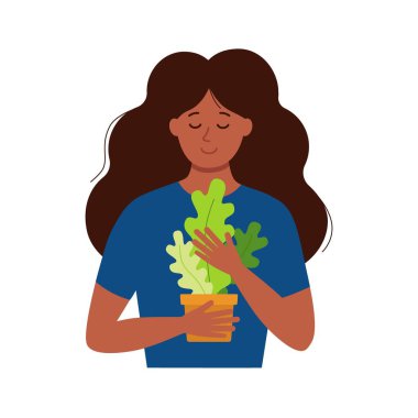 Genç Afrikalı Amerikalı bayan çiçekçi elinde çiçek saksısı ve ev bitkisi şehir tasarımı. Temel stil güzel siyah kadın ya da kız klasik toprak renkleri düz dizayn mutlu ev bitkisi olan kadın.