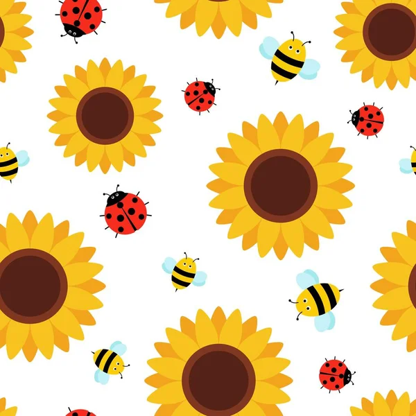 Naadloos patroon met schattige insecten en bloemen. bij, lieveheersbeestje en zonnebloemen cartoon stijl — Stockvector