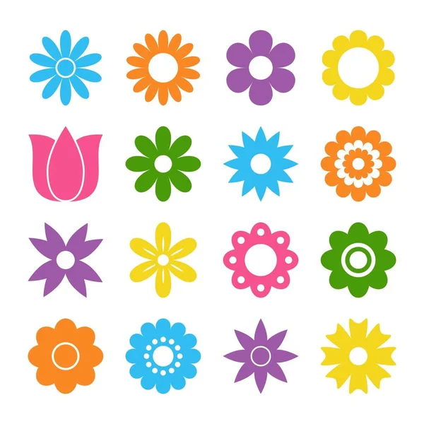 Set von flachen Symbol-Blumen-Symbolen in Silhouette isoliert auf weiß. Niedliches Retro-Design in leuchtenden Farben für Aufkleber, Etiketten, Tags, Geschenkpapier. — Stockvektor