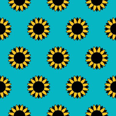 Kusursuz desenli sarı ayçiçekleri mavi arka planda izole edilmiş. Basit küçük güneş çiçekleri izi..