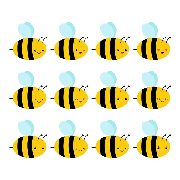 Σύνολο των συναισθημάτων των γλυκών μελισσών σε ένα επίπεδο στυλ που απομονώνονται σε λευκό φόντο. Διανυσματική απεικόνιση αρχείου για διακόσμηση και σχεδιασμό, παιδικά βιβλία και χρωματισμό, αυτοκόλλητα, υφάσματα, συσκευασίες, καρτ ποστάλ — Διανυσματικό Αρχείο