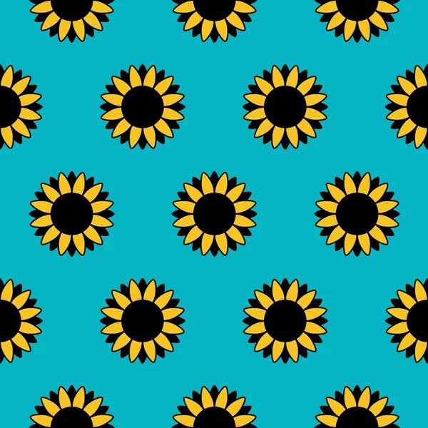 Kusursuz desenli sarı ayçiçekleri mavi arka planda izole edilmiş. Basit küçük güneş çiçekleri izi..