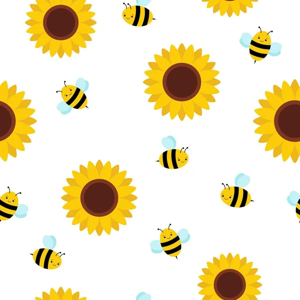 Padrão sem costura vetorial com abelhas de desenhos animados voadores e girassóis isolados no fundo branco. — Vetor de Stock