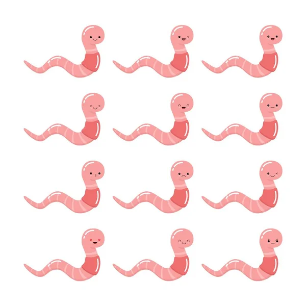 Ensemble de drôles de vers mignons avec différentes émotions isolées sur fond blanc. Illustration vectorielle Kawaii. — Image vectorielle