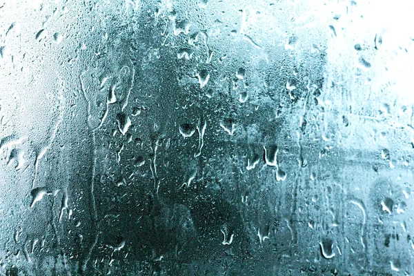Foggy Glass Car Window Drops Falling Rainy Day Blue Background — Stock Photo, Image